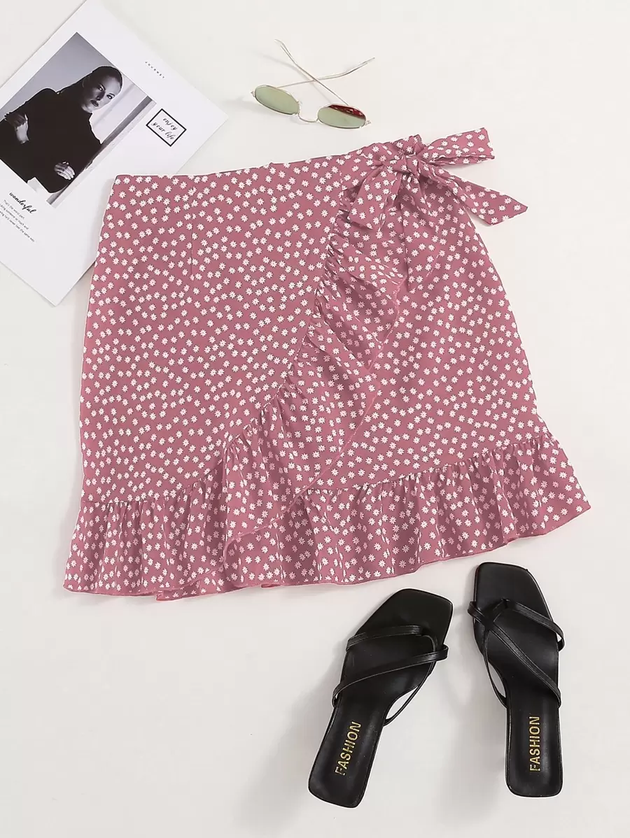 SHEIN Holidaya Ditsy Floral Ruffle Trim Wrap Knot Skirt