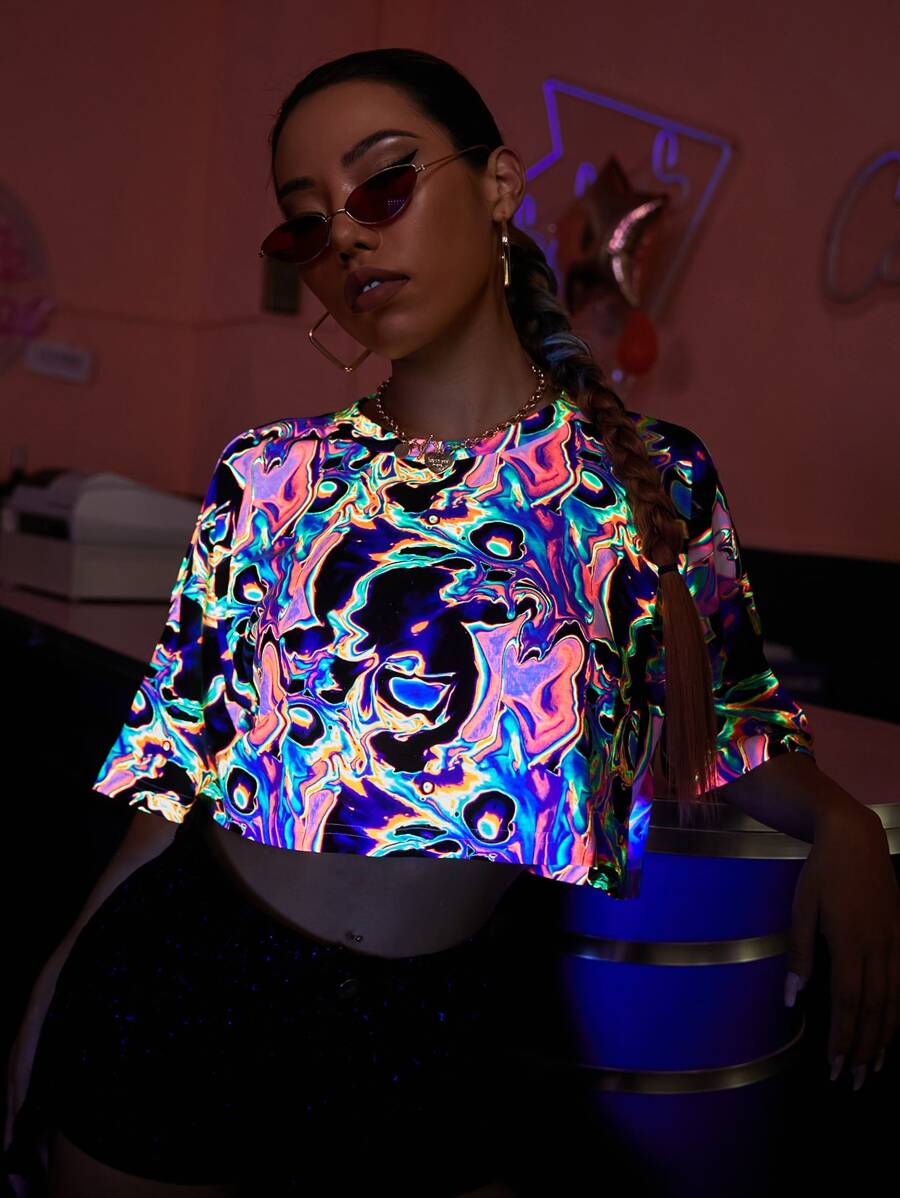 SHEIN ICON تي شيرتات بطباعة شاملة كاجوال