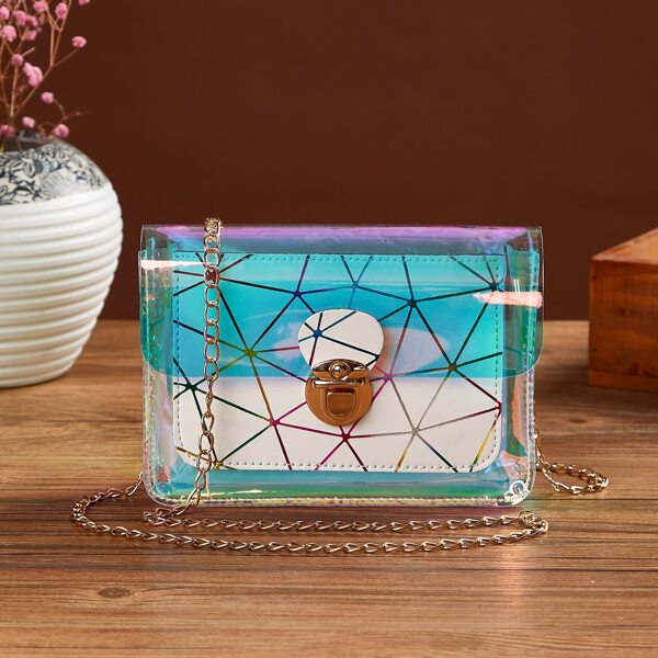 Holographic Geometric Graphic Push Lock Chain Bag, White