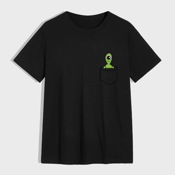 Men Alien Print Round Neck Tee, Black
