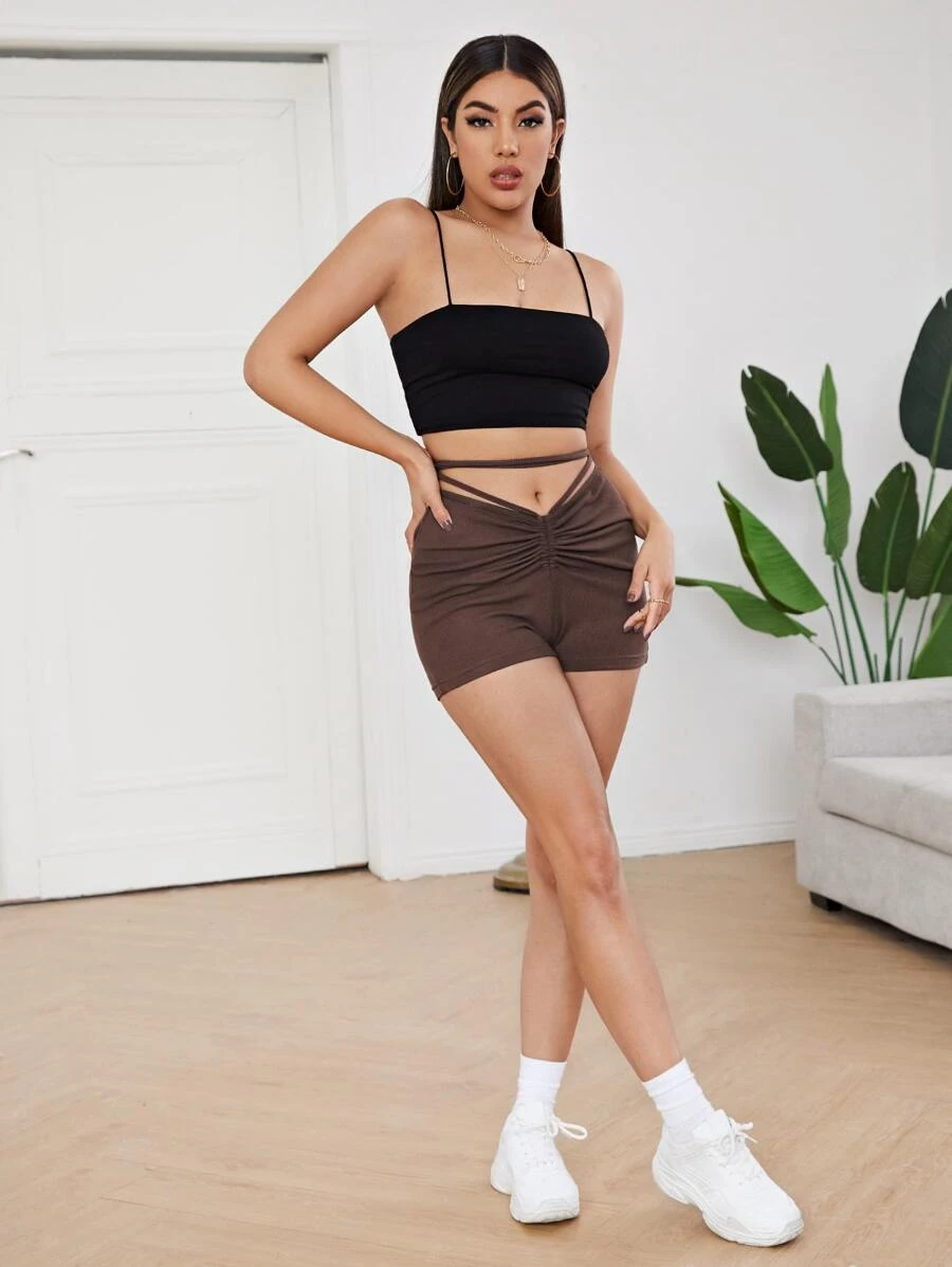 SHEIN Crisscross Tie Back Ruched Detail Rib-knit Shorts