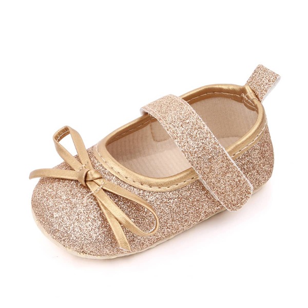 Baby Girl Glitter Bow Decor Velcro Strap Flats, Gold