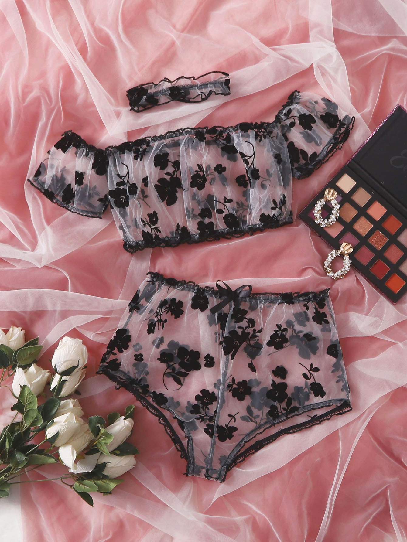 Floral Mesh Lingerie Set & Choker