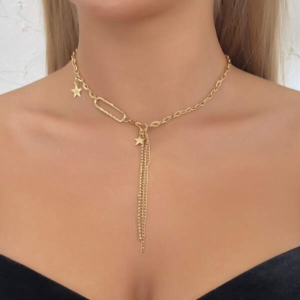 Star Decor Y-lariat Necklace, Gold