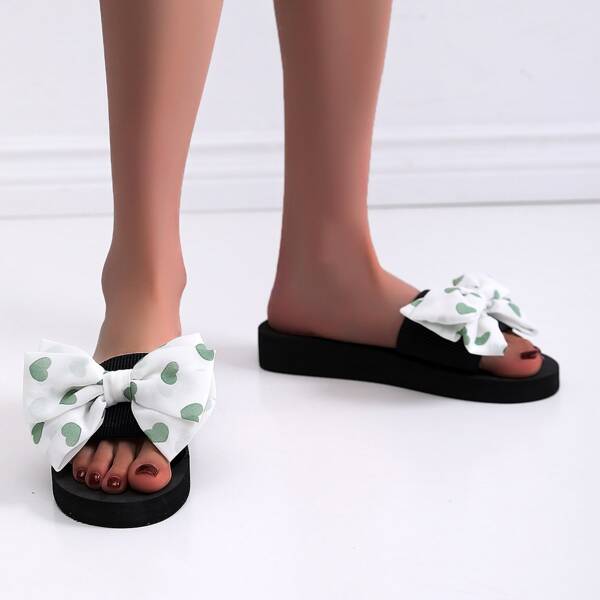 Heart Print Bow Decor Slides, Black