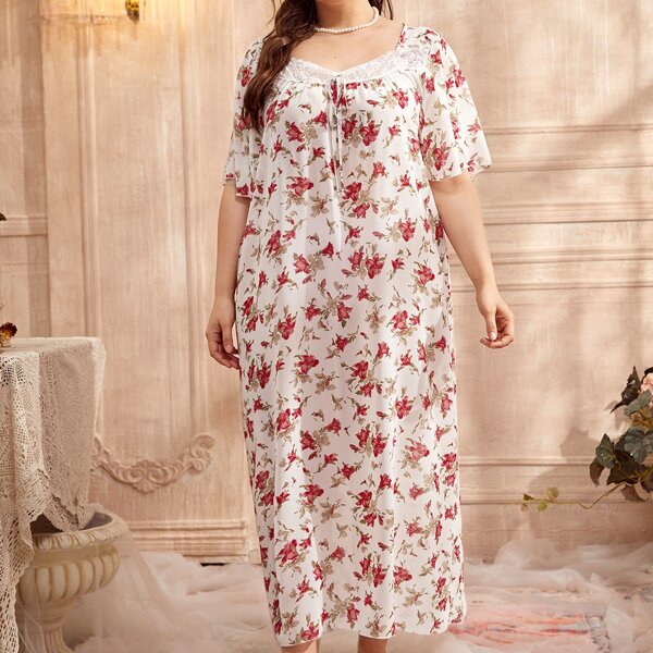 Plus All Over Floral Print Sweetheart Neck Contrast Lace Night Dress, Multicolor
Plus All Over Floral Print Sweetheart Neck Contrast Lace Night Dress, Multicolor