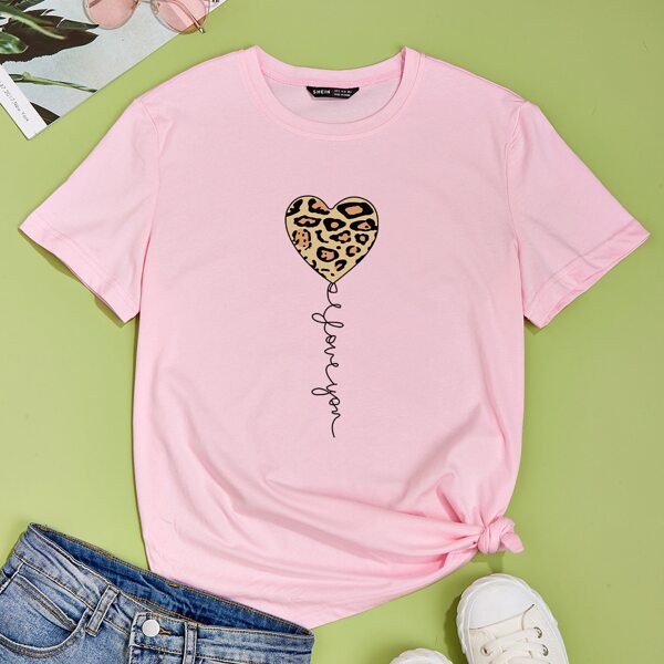 Letter And Heart Print Tee, Baby pink