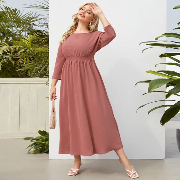 Plus Solid Shirred Waist A-line Dress, Dusty pink