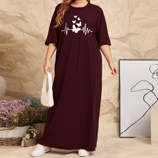 Plus Butterfly Graphic Tee Dress, Maroon