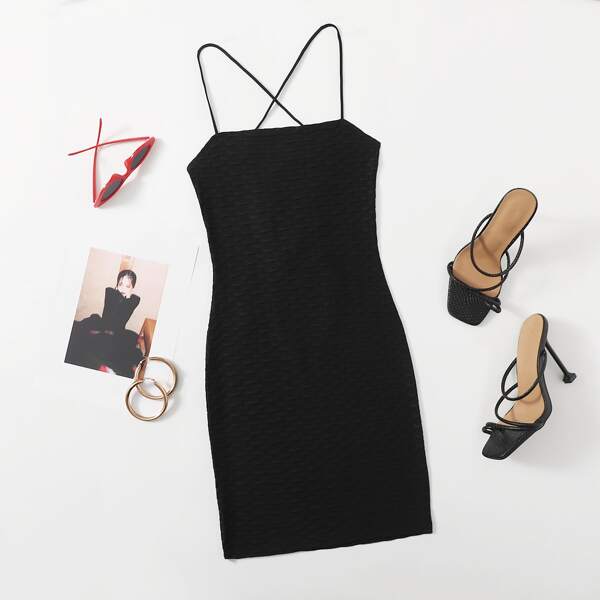 Lace Up Backless Bodycon Dress, Black