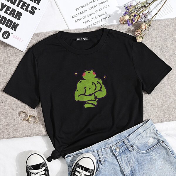 Round Neck Cartoon Graphic Tee, Black
