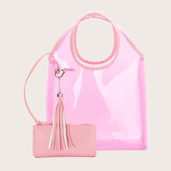Tassel Decor Clear Tote Bag With Purse, Pink