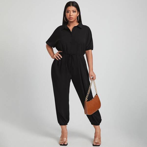 Plus Solid Button Front Belted Shirt Jumpsuit, Black