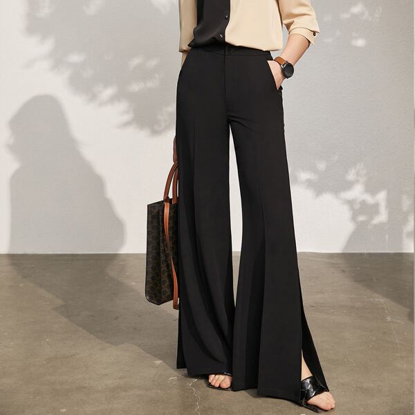 Split Hem Flare Leg Pants, Black