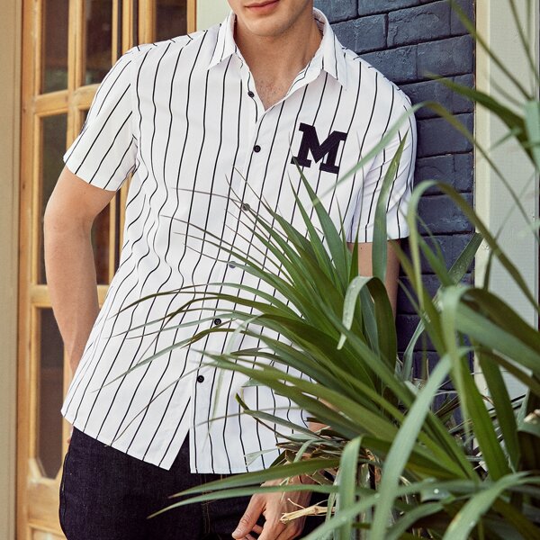 Men Striped Letter Embroidered Shirt, White