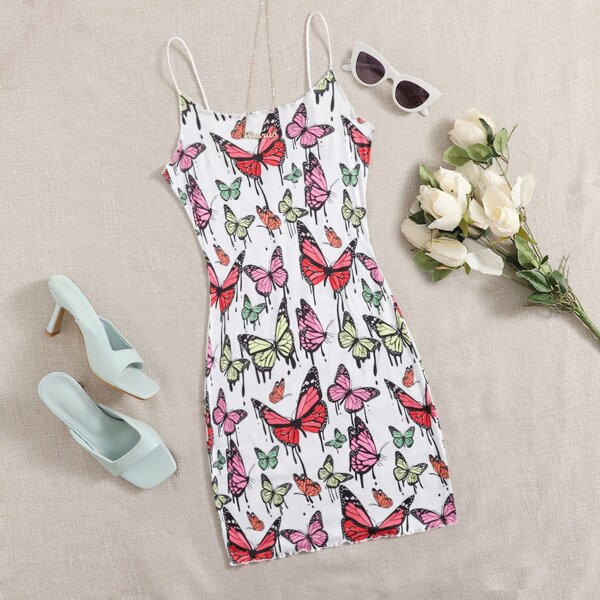 Butterfly Print Lettuce Trim Dress, Multicolor