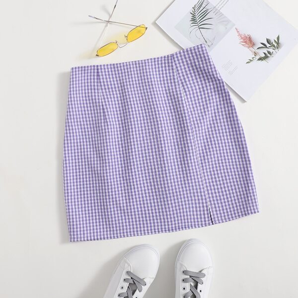 Gingham Split Hem Skirt, Lilac purple
