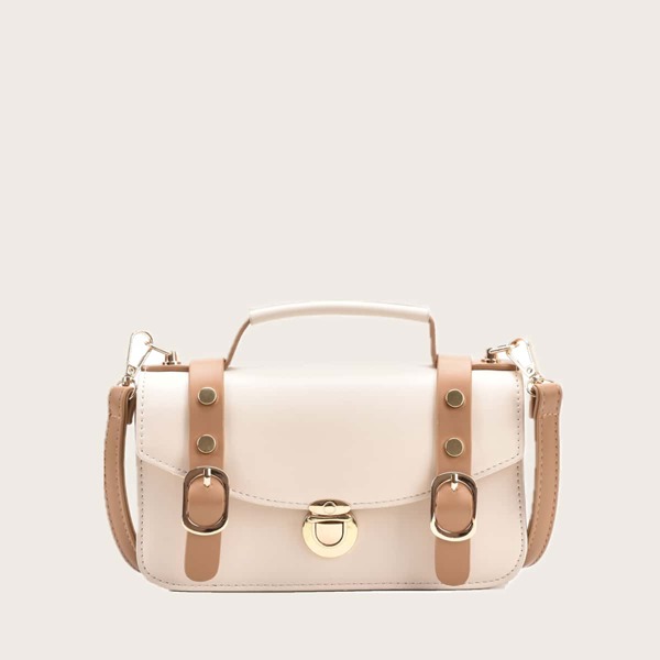 Studded Decor Push Lock Satchel Bag, Beige