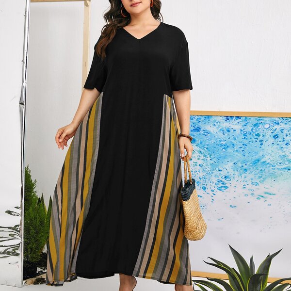 Plus Contrast Stripe Maxi Tunic Dress, Black
