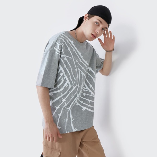 Men Striped Print Drop Shoulder Tee, Light grey
