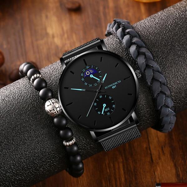 1pc Men Mesh Strap Round Pointer Quartz Watch & 2pcs Bracelet