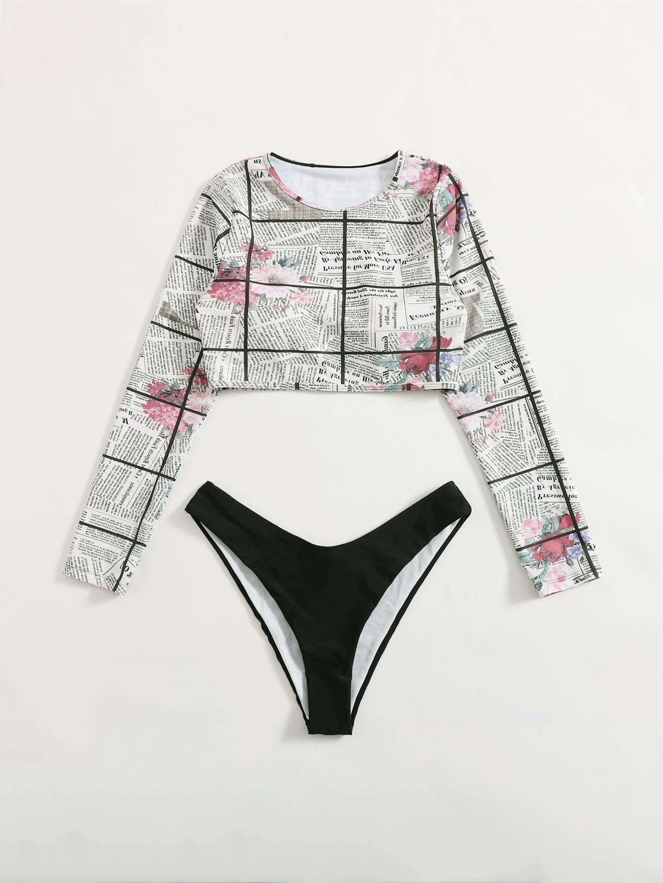 Newspaper Print High Cut Bikini Swimsuit