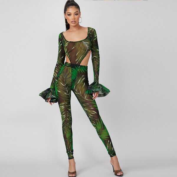 Leaf Print Sheer Mesh High-Leg Bodysuit & Leggings Set, Multicolor 
Leaf Print Sheer Mesh High-Leg Bodysuit & Leggings Set, Multicolor