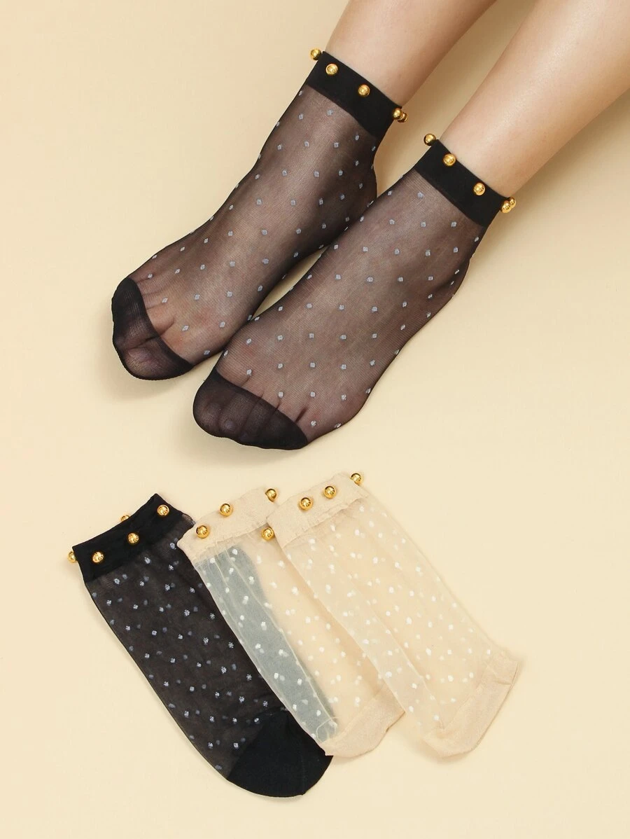 4 pares de calcetines cortos multicolores para mujer con perlas doradas, adecuados para el uso diario