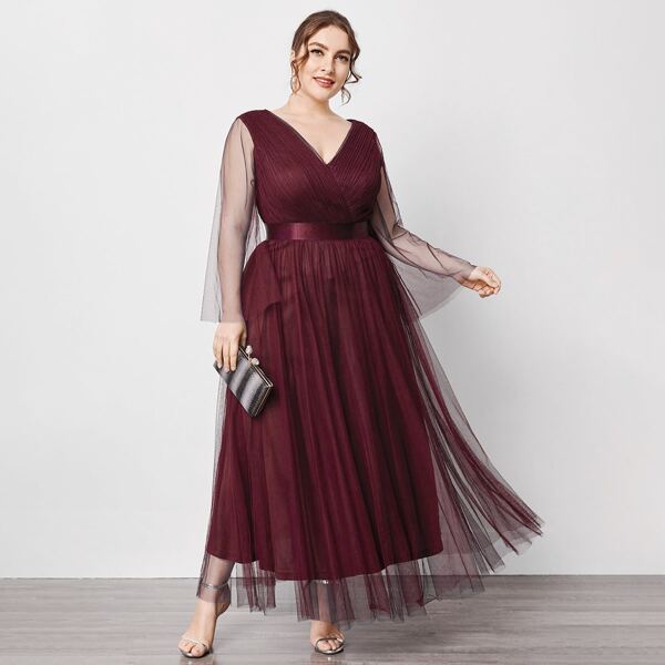 Plus Surplice Neck Mesh Party Dress, Burgundy