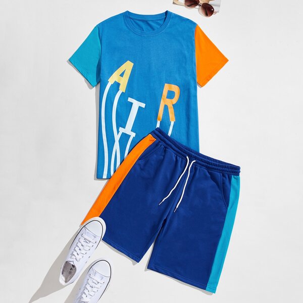 Men Colorblock Letter Graphic Tee With Drawstring Waist Track Shorts, Blue
Men Colorblock Letter Graphic Tee With Drawstring Waist Track Shorts, Blue