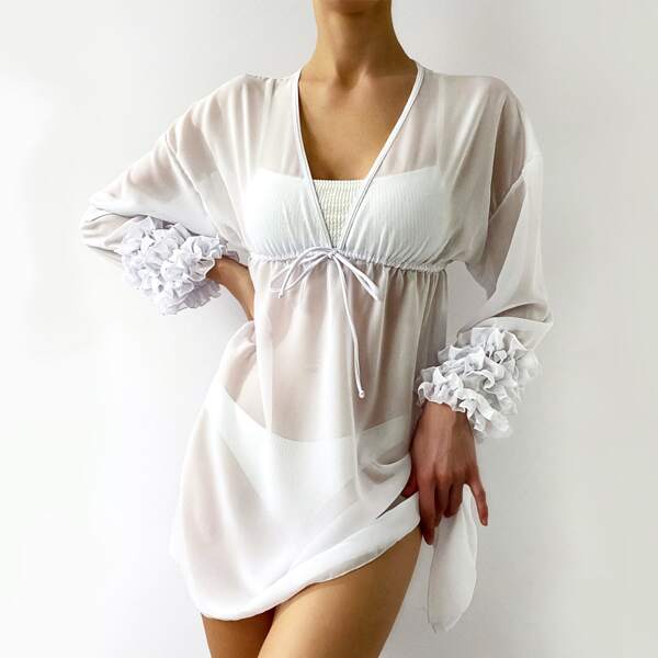 Solid Frill V Neck Cover Up, White