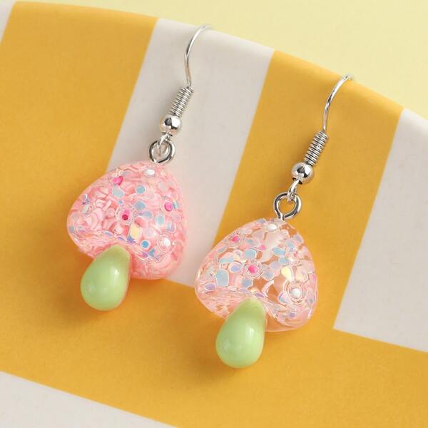 Girls Mushroom Charm Drop Earrings, Pink