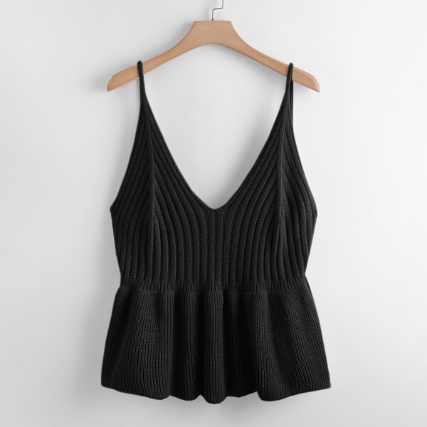 Plus Ruffle Hem Cami Knit Top, Black