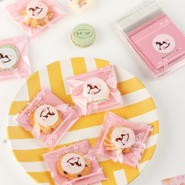 100pcs Cookies Packaging Bag, Pink