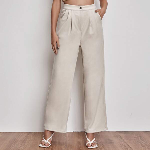 High Waist Fold Pleat Solid Pants, Beige