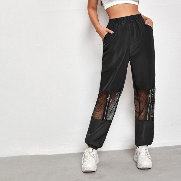 Zip Detail Mesh Insert Wind Pants, Black