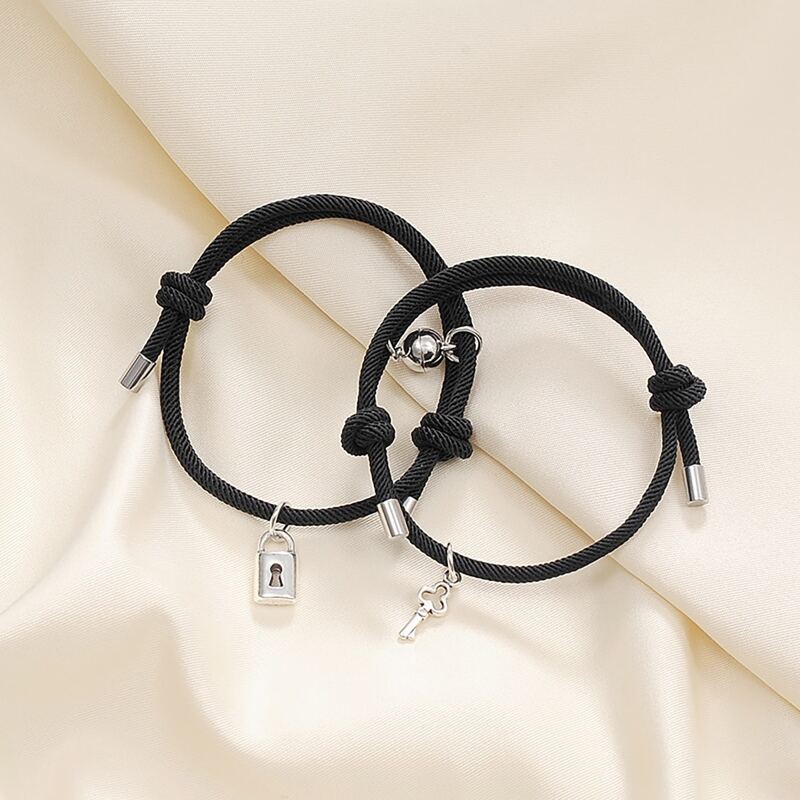 2pcs Lock & Key Charm Bracelet, Black 
2pcs Lock & Key Charm Bracelet, Black
