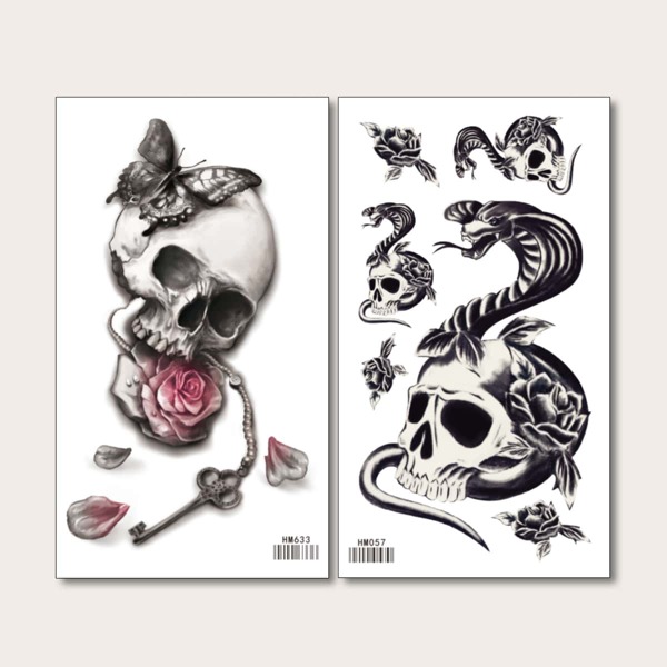 2sheets Skull Pattern Tattoo Sticker, Black