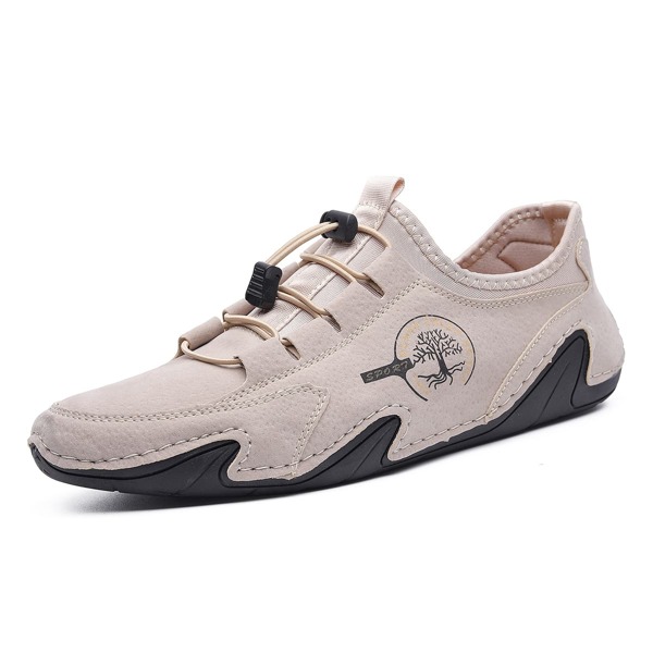 Men Tree & Letter Pattern Lace Up Decor Dress Shoes, Beige