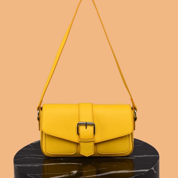 Minimalist Buckle Decor Shoulder Bag, Mustard yellow