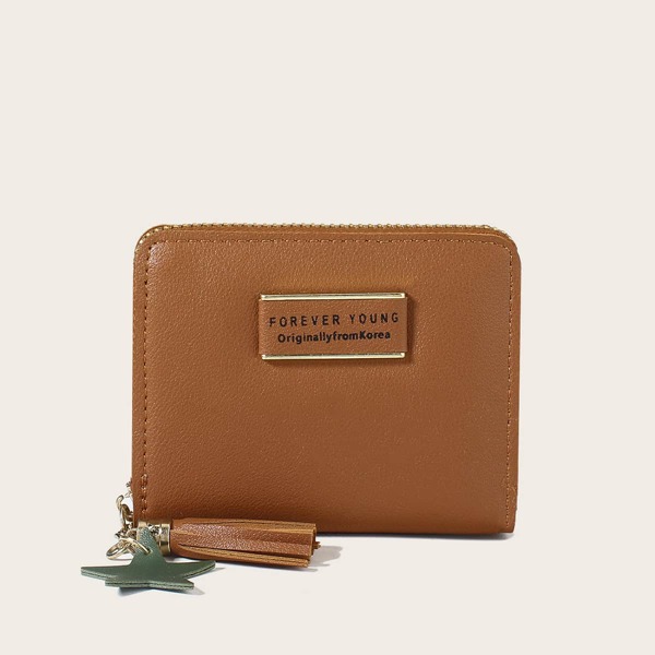 Tassel Charm Letter Graphic Small Wallet, Brown