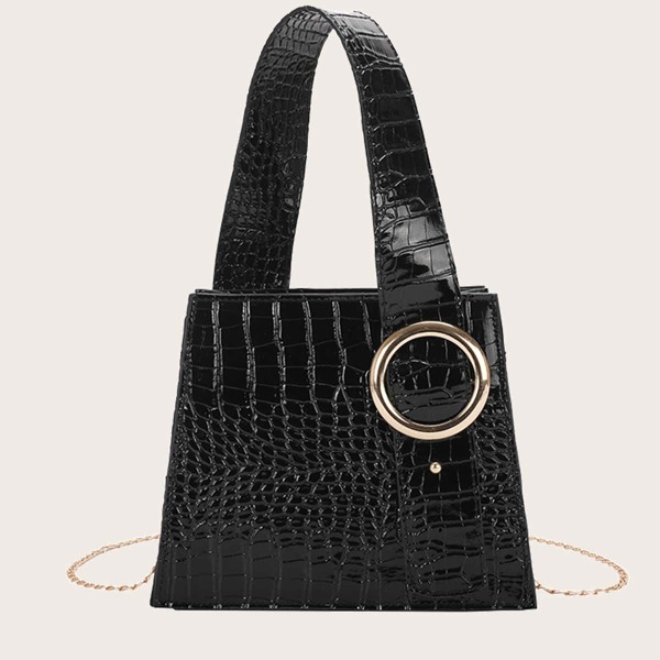 Croc Embossed Shoulder Bag, Black