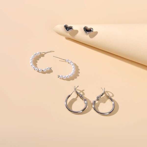 3pairs Faux Pearl Decor Heart Design Earrings, Silver