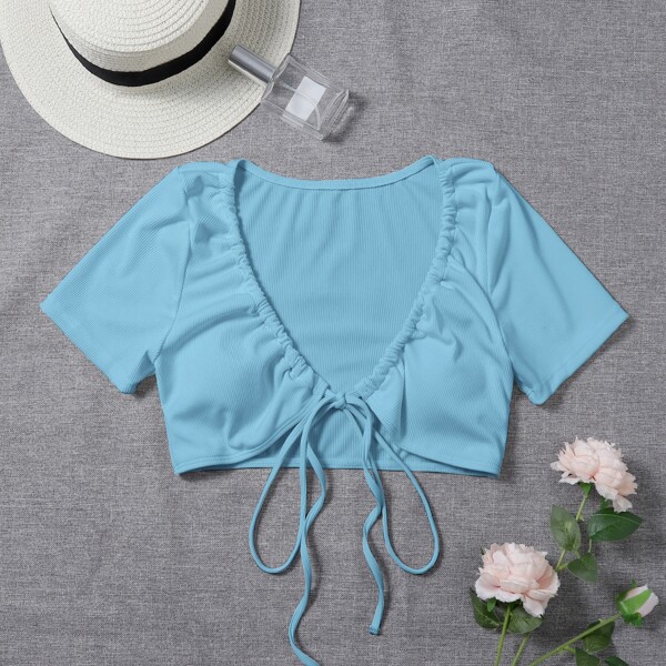 Rib Tie Front Bikini Top, Blue