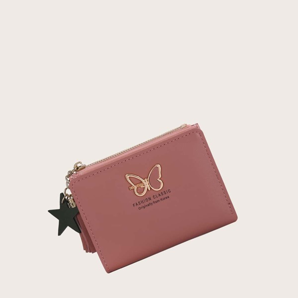 Tassel Decor Snap Button Purse, Dusty pink
