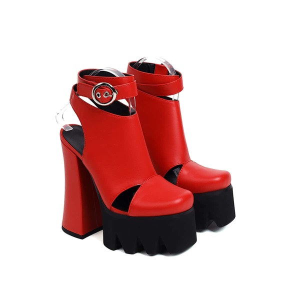 Cut Out Chunky Heeled Sandal Boots, Red