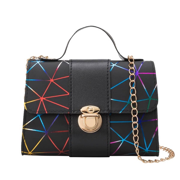 Geometric Graphic Push Lock Chain Bag, Black