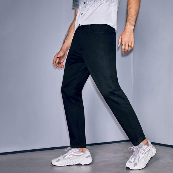 Men Zipper Fly Solid Pants, Black