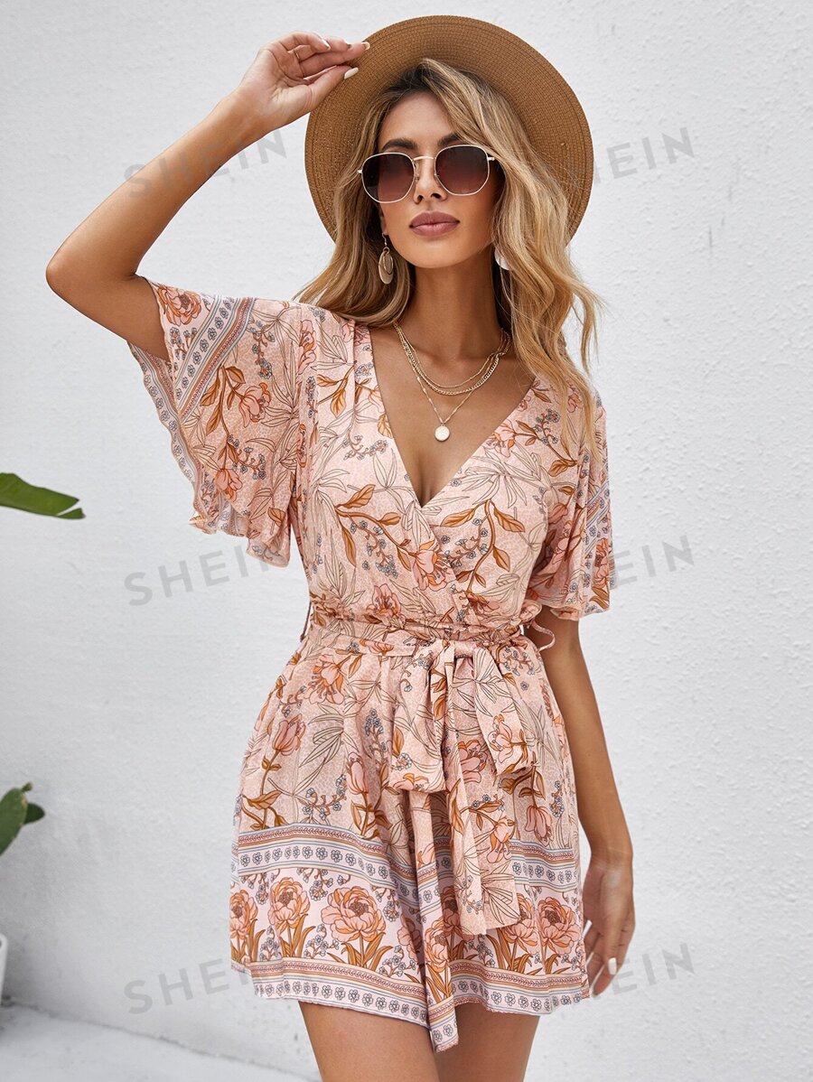 SHEIN VCAY Mono cruzado delantero floral con cinturón
