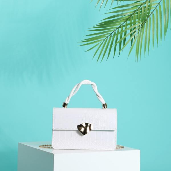 Metal Decor Croc Embossed Satchel Bag, White